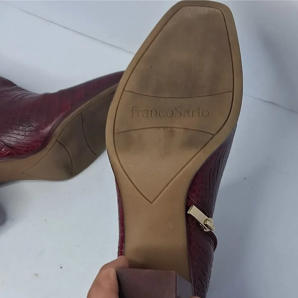 Franco Sarto Ilaria Burgundy Croc Embossed Leather Ankle Boots Booties Size 9M